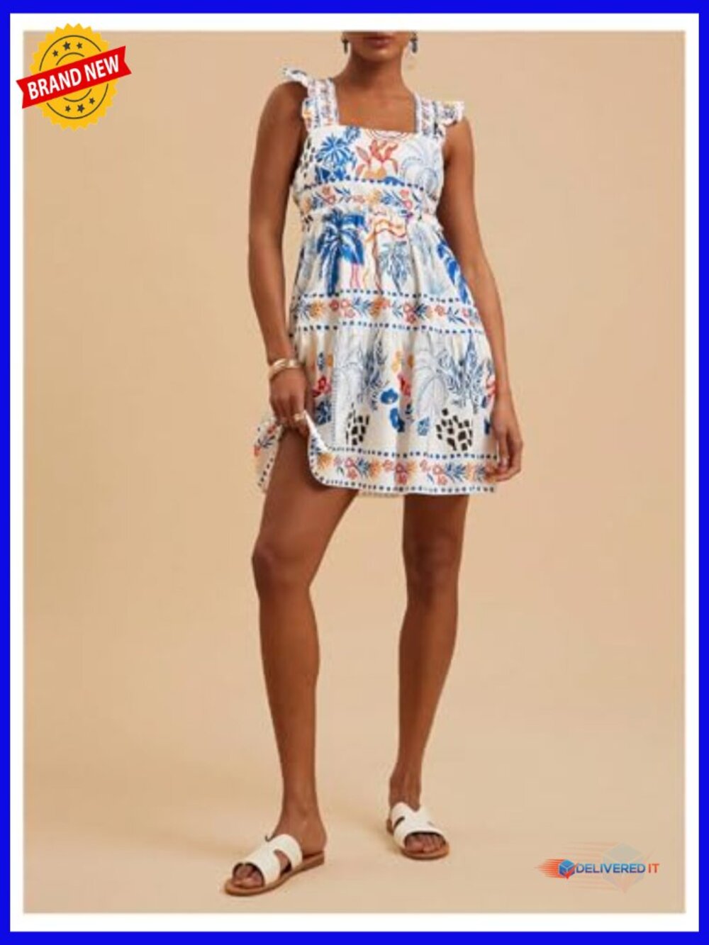 Floral Tropical Graphic Short Dress Ruffle Hem Sleeveless Tank - Picture 5 of 6